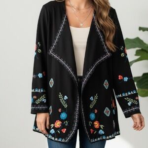 Caite Embroidered Black Bohemian Open Front Cardigan with Floral Accents Size 1X